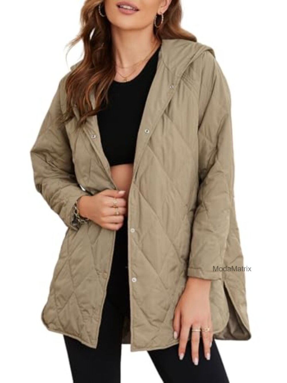 Women's Diamond Quilted Hooded Long Jacket Lightweight Winter Coat Button Down